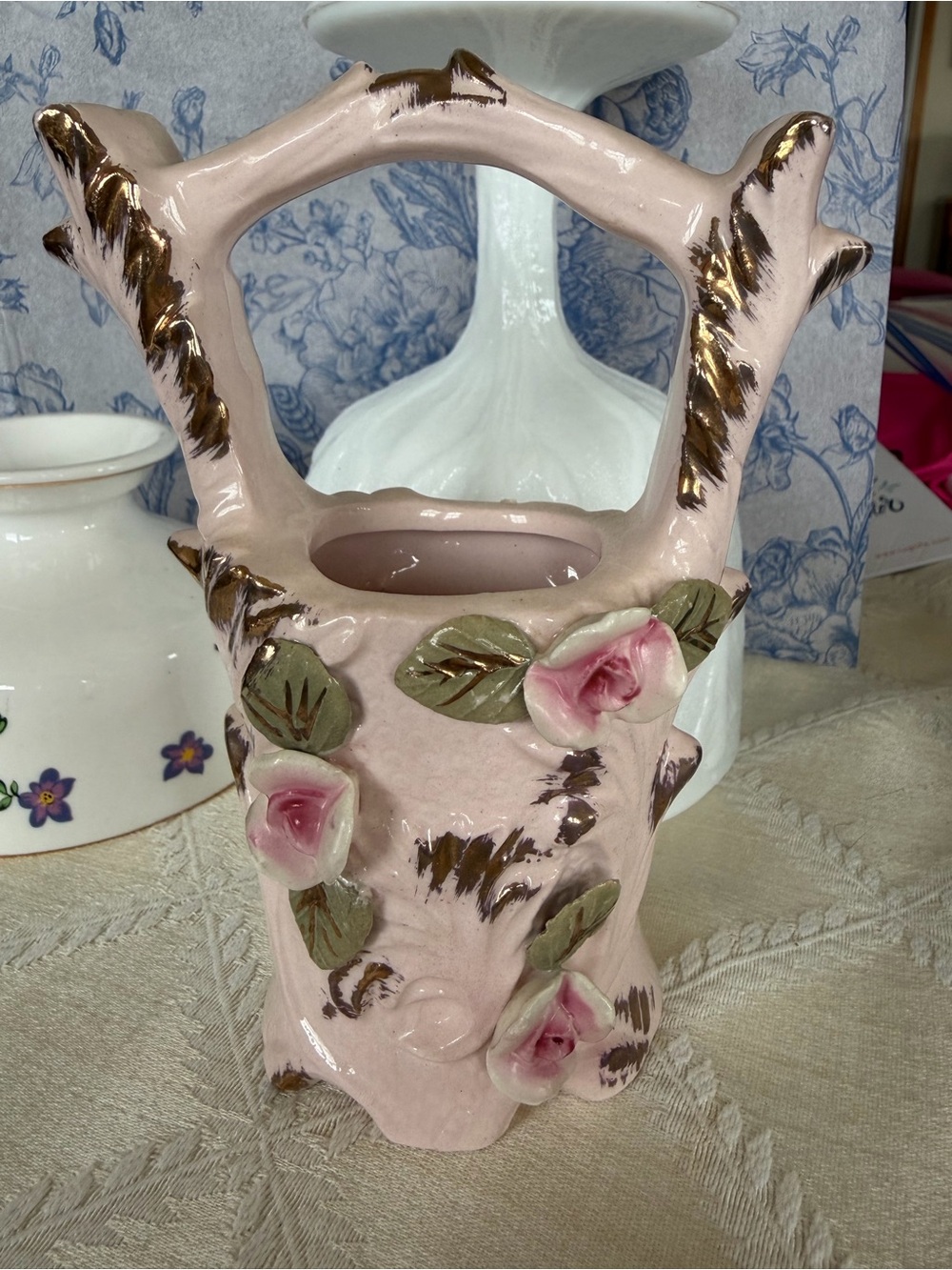 Vintage Japanese Porcelain Branch Basket Bud Vases